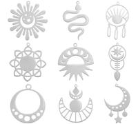 SUNNYCLUE 1 boîte de 18 breloques de Tarot en Argent 9 styles Breloques Soleil et Lune en Acier Inoxydable Pendentifs Vintage Serpent Tournesol Divination Porte Bonheur pour la Fabrication de Bijoux C