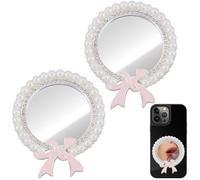 SUNNYCLUE 1 boîte de 2 Autocollants Miroir pour Téléphone Portable Miroir de Poche Compact Argenté de 6cm Étui de Maquillage Rond Strass Nœud Rose à Coller au Dos du Téléphone avec Ruban Adhésif Doub