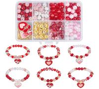 SUNNYCLUE 1 boîte de 216 pièces DIY 6 ensembles Kit de Bracelet de Saint Valentin Breloques en Forme de Cœur Breloques D'Amour en Strass Perles D'Espacement en Verre Rose Rouge Romantique pour Kits de