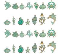 SUNNYCLUE 1 boîte de 28 breloques (14 styles Différents) : Pieuvre Coquillage Étoile de Mer Coquillage Turquoise Patiné Vert Antique Conque Crabe Poisson Pendentifs pour la Création de Bijoux : Collie