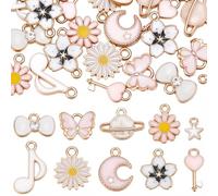 SUNNYCLUE 1 boîte de 40 breloques assorties en émail rose de 10 styles | Pendentifs délicats blancs en forme d'étoile, de fleur, de lune et de nœud pour la fabrication de bijoux, bracelets, colliers