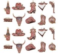 SUNNYCLUE 1 boîte de 40 breloques en Émail de Style Cow Boy de 10 styles en Vrac en Alliage de Métal Marron pour Chapeau Écharpe Botte Bouteille Breloque pour la Fabrication de Bijoux Pendentifs Brace