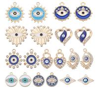 SUNNYCLUE 1 boîte de 40 breloques en Strass Mauvais Œil en Émail Bleu Doré pour la Fabrication de Bijoux, Breloques en Vrac avec Micro Pavé de Zircone Cubique, Breloques Plates et Rondes en Forme de C