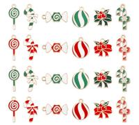 SUNNYCLUE 1 boîte de 48 breloques de Noël en Émail 12 styles Breloques de Noël Mixtes Alliage Vert Rouge Métal Bonbons de Noël Nœud Papillon Pendentifs de Vacances pour la Fabrication de Bijoux Bracel