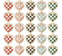 SUNNYCLUE 1 boîte de 50 breloques en Forme de Cœur en Émail 5 styles Breloques à Carreaux Alliage Métallique Coloré Dessin Animé Amour Mignons Cœurs Pendentifs pour la Fabrication de Bijoux Colliers B
