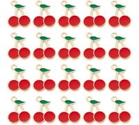SUNNYCLUE 1 boîte de 60 Breloques en Émail en Forme de Cerise Breloque en Forme de Fruit Doré en Vrac en Alliage de Métal Rouge Fruits Aliments Cerises Mini Breloques Pendantes pour la Fabrication de