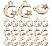 SUNNYCLUE 1 boîte de 60 breloques Étoiles Dorées en Strass, Lune, Alliage Métallique, Cristal, Croissant Céleste, Étoiles, Planètes, Breloques en Vrac pour la Fabrication de Bijoux, Breloques pour Fem
