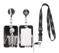 SUNNYCLUE 1 boîte de Cordon pour Badge D'Halloween en Forme de Tête de Mort Rétractable avec Clip pour Badges D'Horreur, Squelette Drôle, Cordon D'Identification Noir Mignon, Étiquette de Nom Vertical