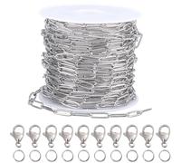 SUNNYCLUE 1 rouleau de 16.4 pieds/5 m 3.5mm en Acier Inoxydable Chaîne Trombone Argent Chaînes Trombone Ensemble Métal 30 pièces Anneaux de Jonction Fermoirs Mousquetons Argent Liens pour la Fabricati