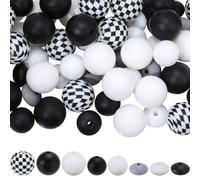 SUNNYCLUE 100 pièce 8 styles de Perles en Silicone Noires et Blanches Kit de Perles Focales en Caoutchouc Souple Grille Ronde Motif Écossais Boulier Entretoises Lâches pour la Fabrication de Bijoux Br