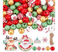 SUNNYCLUE 100pcs Perles de Noël Perles en Bois de Noël pour L'Artisanat Breloques Renne Breloques en Bois Rondes Peintes Spirale Cordon Jute Décoration d'arbre
