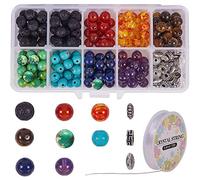 SUNNYCLUE 110 pcs + 10mm Naturel 7 Chakra Lava Pierre Perles Rondes en Vrac Perles Kit Entretoise Perles avec Cristal Cordes pour Huile Essentielle Fabrication de Bijoux