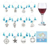 SUNNYCLUE 12 Styles Breloques pour Verres à Vin Océaniques Étiquettes de Nom de Boisson en Vrac Alliage Bleu Été Hawaï Plage Pierre Étiquettes Marqueur de Bague Breloques pour Boissons pour la Fabrica