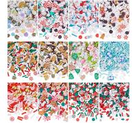 SUNNYCLUE 120G 12 styles de Paillettes de Noël en Argile Polymère en Vrac Vert Rouge Blanc Bleu Flocons de Neige de Noël Perle Faux Bonbons Sucre Dessert Mini Tranches pour Nail Art Gâteau Étui de Tél