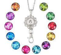 SUNNYCLUE 1boîte 12 Styles Strass Longe ID Badge Longe Mignon Coloré Pierre de Naissance Bouton Pression Charms Badges Titulaire en Acier Inoxydable Collier Chaîne Breakaway ID Badge Longe pour Titula