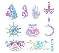 SUNNYCLUE 1boîte 20Pièces Style Tarot Breloques en Acier Inoxydable Breloque Champignon Phase de Lune Breloque Croissant Hamsa Main Mauvais Œil Breloques Mite Papillon Breloques pour la Fabrication de