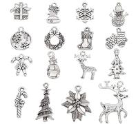 SUNNYCLUE 1boîte 96PCS 16 Style Charmes de Noël en Vrac Charme d'hiver Tibétain Alliage Argent Arbre de Noël Cadeau Bonbons Bonhomme Neige Cerf Flocon Neige pour la Fabrication