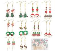 SUNNYCLUE 1boîte Bricolage 10 paires de Breloques de Noël Émail Bonhomme de Neige Breloque Boucles D'Oreilles Faisant Kit de Démarrage Rouge Vert Rondelle Perles Sapin de Noël Jingle Bell Breloque Pèr