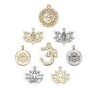 SUNNYCLUE 24pcs 8 Style Mixte Lotus Yoga OHM Fleur Charmes Pendentifs Résultats de Bijoux Faire Accessoires Accessoire pour DIY Collier Bracelet Artisanat, Argent Antique et Or