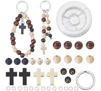 SUNNYCLUE 250 kit de Fabrication de Porte Clés Breloque en Croix en Bois Perle en Croix en Bois Perles en Pierre de Lave Naturelle Noire et Blanche Mini Breloque Crucifix Breloques en Croix en Bois Po