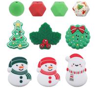 SUNNYCLUE 26 pièce de 10 styles de Perles de Noël en Silicone Perles Focales de Vacances en Vrac Caoutchouc Souple Personnage D'Hiver Bonhomme de Neige de Noël Cloche Arbre Vert Hexagone Rouge Perle R