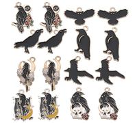 SUNNYCLUE 32 PCS 8 STYLES Breloques Corbeau en Vrac Charme Corbeau Gothique Oiseau Noir Halloween Émail Alliage Métal Lune Rose Goth Charmes en Vrac pour la Fabrication de Bijoux Charms Boucles D'Orei