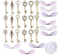 SUNNYCLUE 61Pcs 3Couleur Clés Volantes Charmes Clés Vintage avec Ailes de Libellule Charme Clés Ailes Décor Noël Charmes Halloween Charme Breloques pour Bijoux Fabrication Christmas Mariage grande clé
