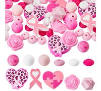 SUNNYCLUE 62 pièce de 11 styles de Perles en Silicone en Ruban Rose pour le Cancer du Sein en Vrac en Caoutchouc Souple Rond en Forme de Fleur de Rose Cœur Hexagone Boulier Perles D'Espacement en Vrac