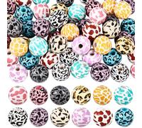 SUNNYCLUE 72 Perle en Bois à Motif Vache (12 Couleurs) 16mm de Diamètre Trou de 4mm Idéale pour la Création de Bracelets Colliers Stylos Bijoux et Porte Clés Perle Ronde à Motif Vache Léopard et Jung