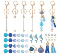 SUNNYCLUE 72Pcs DIY 6 Ensembles de Porte-Clés Perlés Kit Résine Bleue Strass Grandes Perles 20mm Perles Bubblegum Porte-Clés Barres Vierges Émail Sirène Coquillage Charmes Ensemble de Porte-Clés Inter
