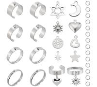 SUNNYCLUE 8 SET 36PCS Argent Bagues Breloque Ensemble Acier Inoxydable Lune et Étoile Punk Métal Coeur Doigt Charme Composants de Bague Réglables pour Kit de Fabrication de Bijoux Femme Knuckle Anneau