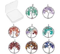 SUNNYCLUE 8Pcs 8 Couleurs Arbre Vie Pendentif Quartz Cristal Pendentif Pierres Précieuses Plat Rond avec Arbre de Vie Charme Pendentifs Résultats Trou pour Bijoux Bracelet Chakra Collier Faire