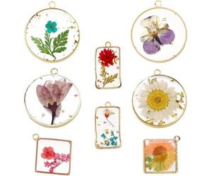 SUNNYCLUE Boîte 8 Styles de Breloques de Fleurs Pressées en Résine, Pendentifs de Fleurs Séchées et Plantes Naturelles en Alliage Transparent pour la Fabrication de Bijoux Collie