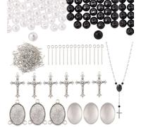 SUNNYCLUE Kit de Fabrication de Chapelet à Faire Soi Même 790 pièce 6 ensembles Breloques Crucifix Pendentifs en Forme de Croix Plateaux avec Dôme en Verre Perles D'Imitation Blanches Croix de Chapele