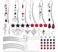 SUNNYCLUE Kit de Marque Pages DIY (1 boîte) : 6 jeux de Marque Pages Gothiques Marque Pages Perlés pour Halloween Breloques Roses Rouges et Noires Croix Crânes et Papillons de Nuit Crochets en Métal V