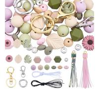 SUNNYCLUE Kit de Porte Clés en Silicone (1 boîte 90 pièces) avec Perles en Forme de Fleur Fil Élastique 4M Anneaux Ronds en Forme de Boulier Fermoir Mousqueton Doré et Argenté Idéal pour la Création d