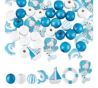 SUNNYCLUE Lot de 100 perles en bois nautique de 16 mm sur le thème de l'océan, bleu, blanc, dauphin, sirène, perles d'espacement rondes polies pour stylos à perler, kit de perles et bracelets