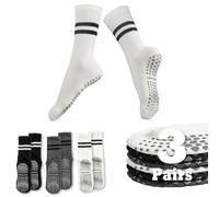 Sunolkie Lot de 3 paires de chaussettes antidérapantes de yoga pour femme, longues, chaussettes de yoga, chaussettes de sport antidérapantes, longues à rayures antidérapantes, 1 blanc + 1 noir + 1
