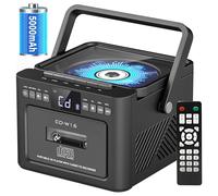 Sunoony Boombox Lecteur CD cassette avec Bluetooth, FM, télécommande, enregistrement sur bande, AUX/TF/USB, lecteur CD rechargeable avec son stéréo et prise casque, écran LED pour la maison, les