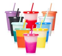 SUNOYA Lot de 10 Gobelets en Plastique Réutilisables avec Couvercle et Paille, Gobelets à Changement de Couleur, 480 ml, Multicolore