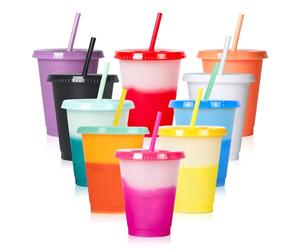 SUNOYA Lot de 10 Gobelets en Plastique Réutilisables avec Couvercle et Paille, Gobelets à Changement de Couleur, 480 ml, Multicolore