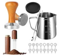 SUNOYA Lot de 22 Tamper à Café, Kit Barista Cafe avec Tasseur Café 51mm en Bois Pichet à Mousse Tapis de Tassage Aiguille à Expresso Cuillère à Mélanger Stylo Latte Art et Pochoirs Décoratifs
