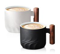 SUNOYA Tasse à Café De Porcelaine: 2 Pièces Tasses à Expresso, Expresso Avec Poignée En Bois, Cafés En Céramique, Vintage Cafés Pour Le Café Le Lait Le Thé, Noir blanc