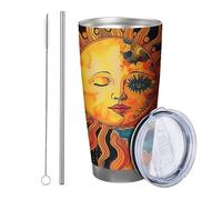 Sunrise Gobelet avec couvercle Nuage Botanique Mauvais Œil Abstrait Soleil Étoile Bohême Artistique Orange Bleu Isotherme Métal Refroidisseur de Canettes Sans Pied Sans Pied Double Paroi 590 ml