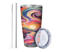 Sunrise - Lot de 1 gobelet artistique abstrait bohème avec couvercle, motif arbre de route, montagne, paysage, soleil, coloré, incassable, pour voyage, piscine, bibliothèque extérieure, 591 ml