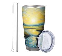 Sunrise Lot de 1 gobelet en acier inoxydable incassable avec couvercle Motif paysage naturel forêt arbre, rivière, fleurs et feuilles Jaune Bleu Vert 591 ml