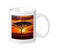 Sunrise Lot de tasses imprimées botaniques Arbre de vie Nature Paysage Nuage Vivace Orange Noir Porcelaine Cadeau Collection Infusion Bureau Gym Bureau Camping avec poignées Fond plat 325 ml