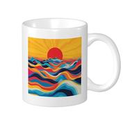 Sunrise Lot de tasses imprimées Vagues Mer Océan Bohème Soleil Abstrait Esthétique Artistique Rouge Orange Bleu Porcelaine Cadeau Steeping Collection Bureau Gym Bureau Camping Avec Poignées Fond Plat