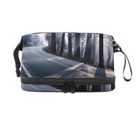 Sunrise Road Along The Trees Trousse de toilette double couche pour femmes et filles, trousse de toilette de voyage, trousse de maquillage pratique avec compartiment à brosse, multicolore, 27x15x14