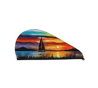 Sunrise Sailing Boat Bath Shower Cap for Women, Coral Velvet Dry Hair Cap Absorbant Fast Drying Towels